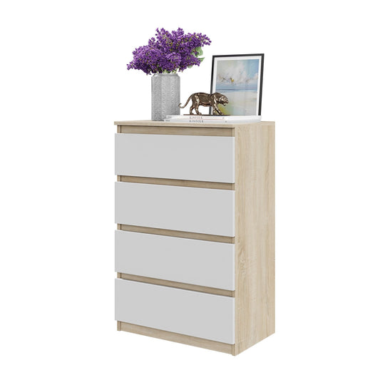 GABRIEL - Komoda se 4 zásuvkami - Skříň na oblečení do ložnice - Sonoma dub / bílý matný povrch - Výška 92 cm, šířka 60 cm, hloubka 33 cm.