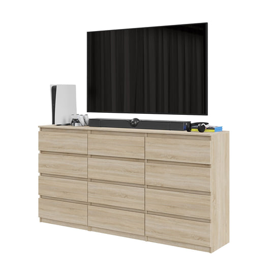 GABRIEL - Komoda se 12 šuplíky (8+4) - Skříň na oblečení do ložnice - Sonoma dub - Výška 92 cm, šířka 180 cm, hloubka 33 cm.