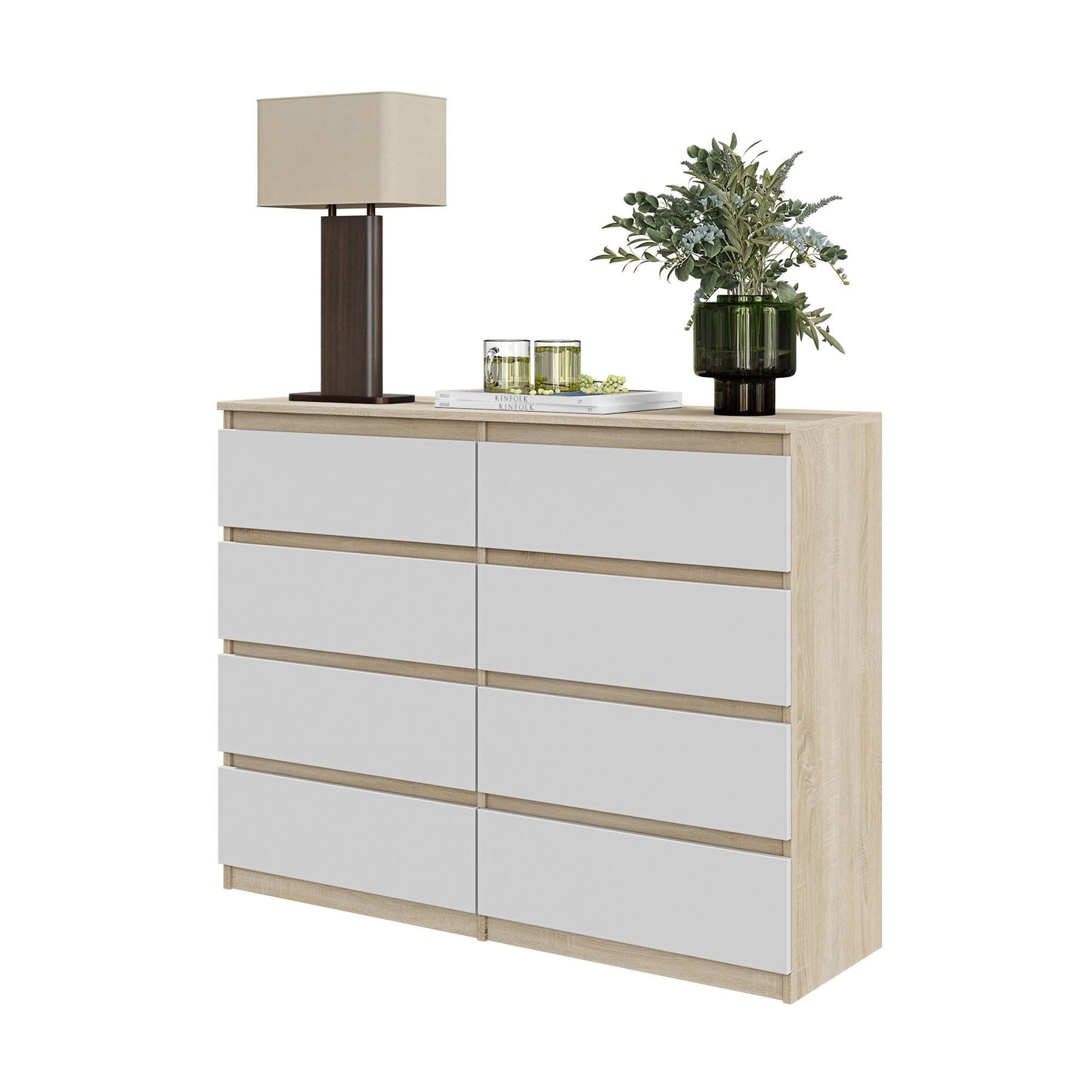GABRIEL - Komoda se 8 šuplíky - Skříň na oblečení do ložnice - Sonoma dub / bílá H92cm Š120cm D33cm