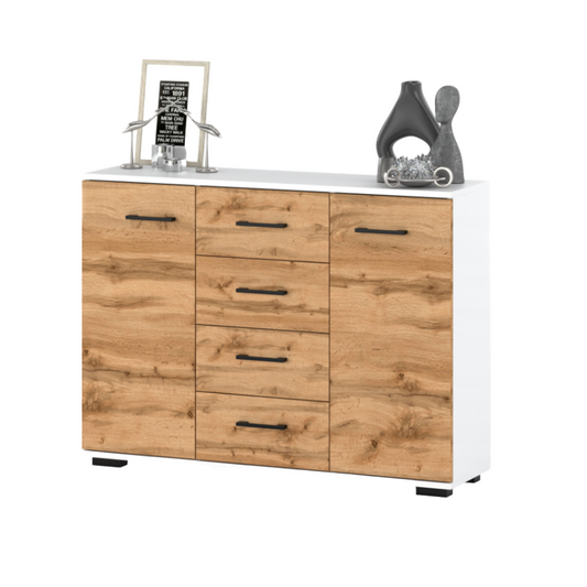 MARK - Komoda se 4 šuplíky a 2 dveřmi - Skříň na oblečení do ložnice - Bílý mat / Wotan dub H85cm W120cm D35cm