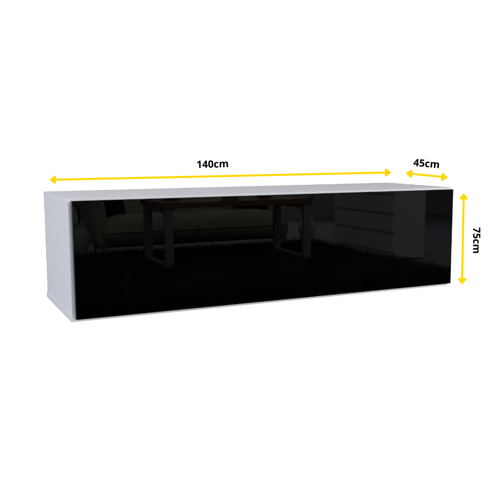 NICOLE - TV skříňka s širokými dveřmi H38cm W140cm D35cm - bílá / černý lesk