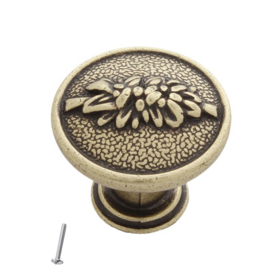 Vintage klika na skříň - Ø27mm - větvičkový vzor - starožitná mosaz – Furnica