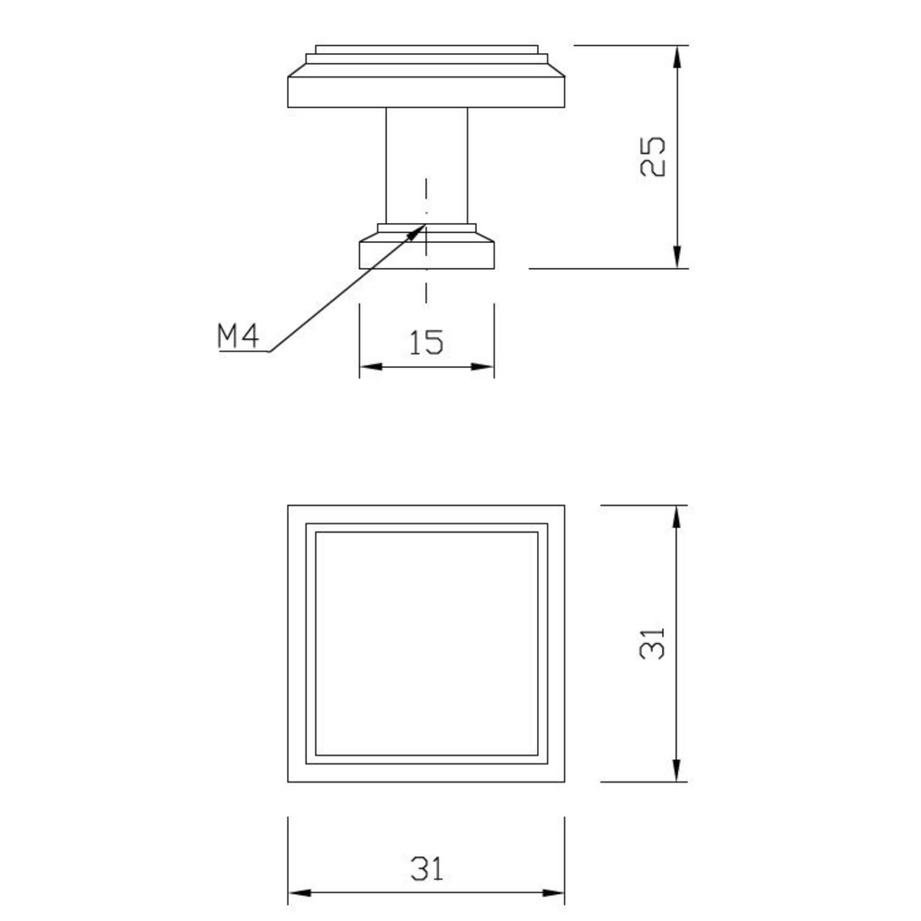 Starý kovový knoflík na skříň - čtvercový - 31 mm x 31 mm - starožitná mosaz