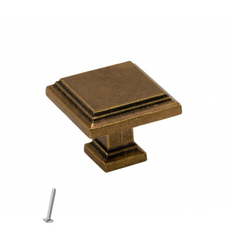 Starý kovový knoflík na skříň - čtvercový - 31 mm x 31 mm - starožitná mosaz