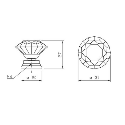 Diamantový tvar - křišťálový efekt skleněného kabinetového knoflíku - Ø30mm - chrom