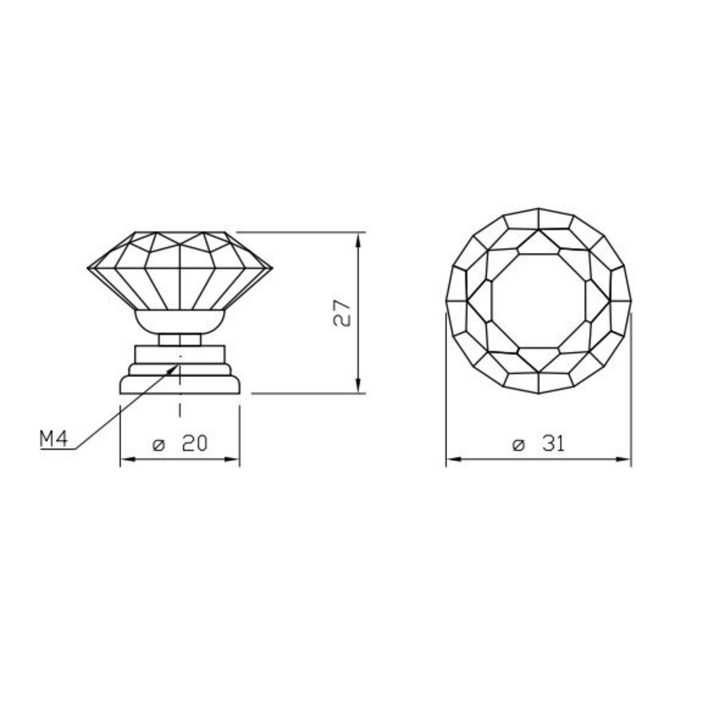 Diamantový tvar - křišťálový efekt skleněného kabinetového knoflíku - Ø30mm - chrom