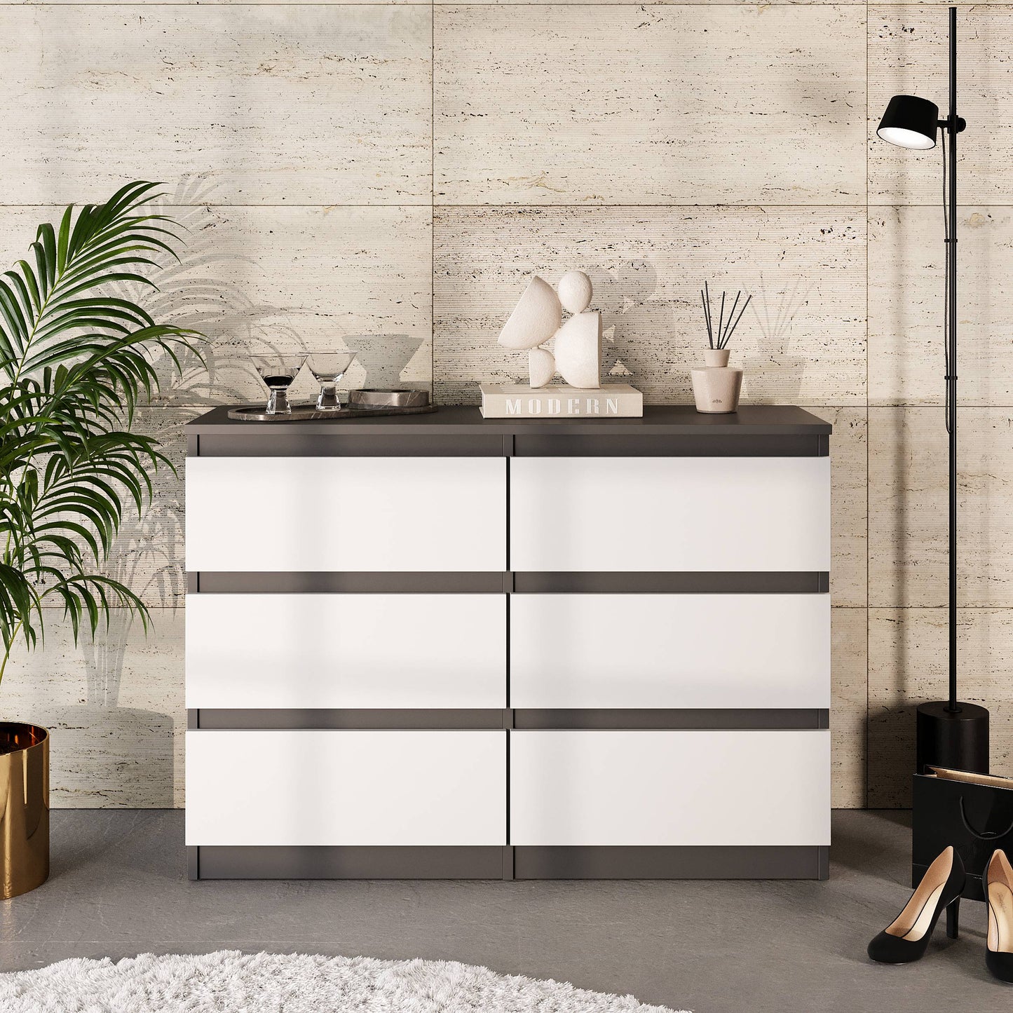 GABRIEL - Komoda se 6 šuplíky - Skříň na oblečení do ložnice - Antracit / Bílá matná - H71cm Š100cm D33cm (3)