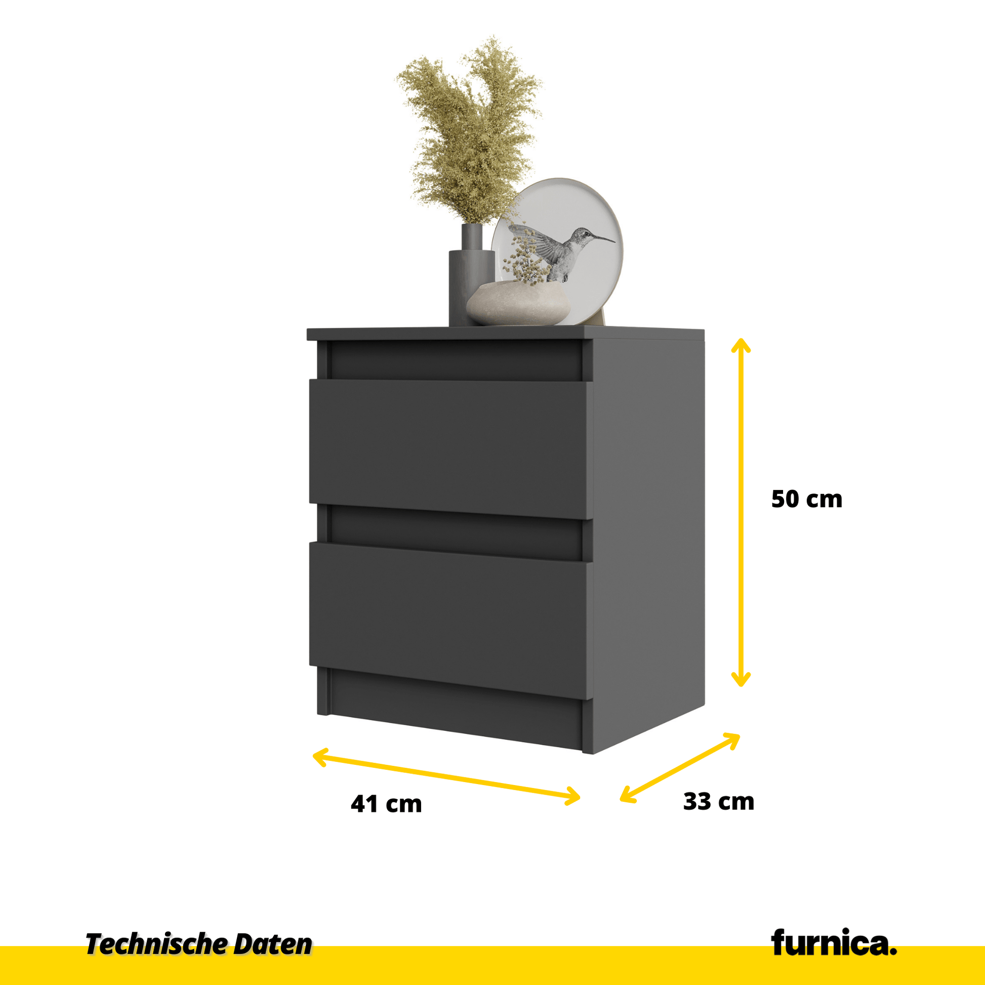 GABRIEL - Noční stolek - Stolík vedle postele s 2 zásuvkami - Antracit - H50cm Š41cm D33cm (4)