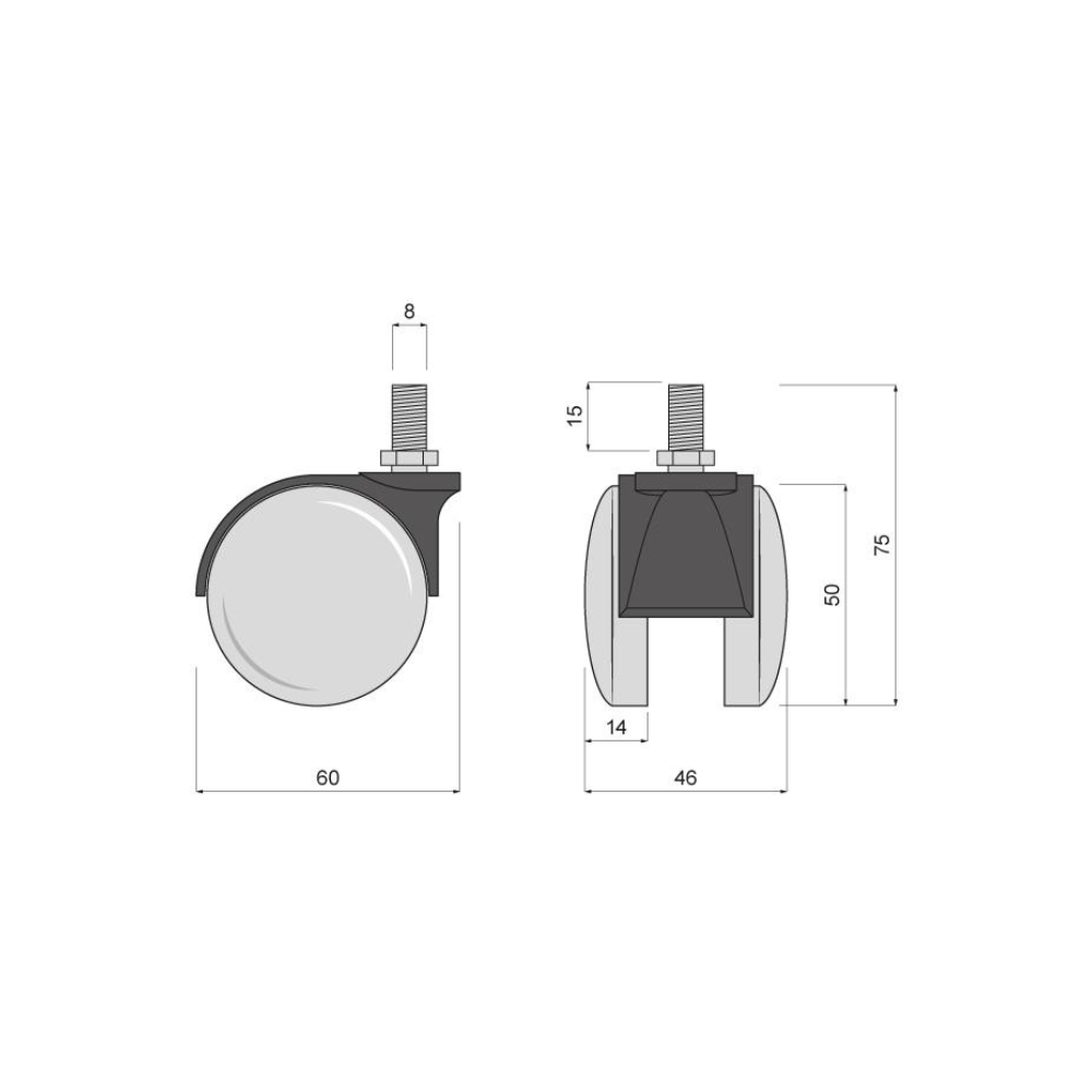Nábytek plastové otočné kolo s roscí 8 mm - Ø60 mm (2) – Furnica