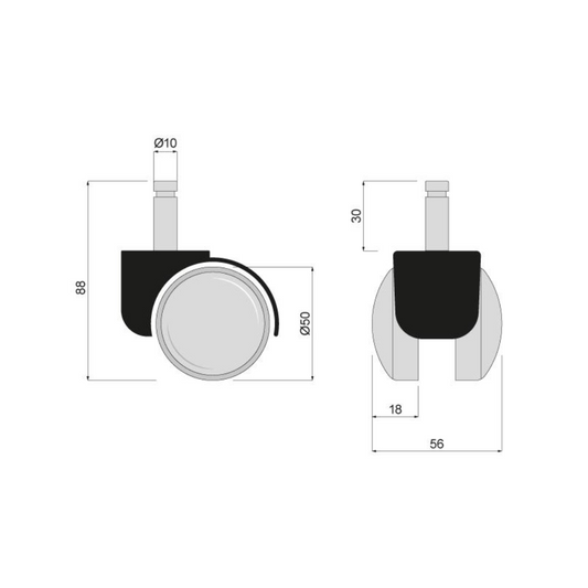 Nábytek plastové otočné kolo s montážním kolíkem 10 mm - Ø50 mm (2) – Furnica