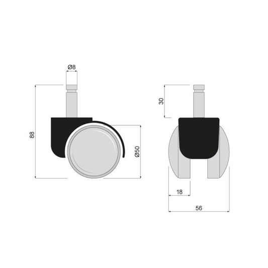 Nábytek plastové otočné kolo s montážním kolíkem 8 mm a pouzdrem - Ø50 mm (2) – Furnica