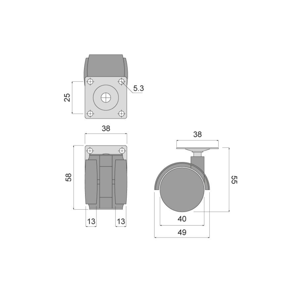 Nábytek plastové otočné kolo s montážní deskou Ø40mm (2) – Furnica