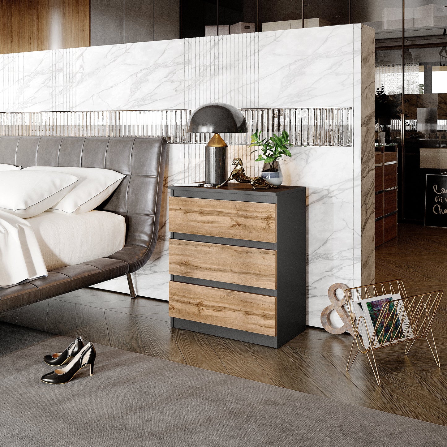 GABRIEL - Komoda se 3 zásuvkami - Skříň na oblečení do ložnice - Antracit / Dub Wotan - H72cm Š60cm D33cm (2)