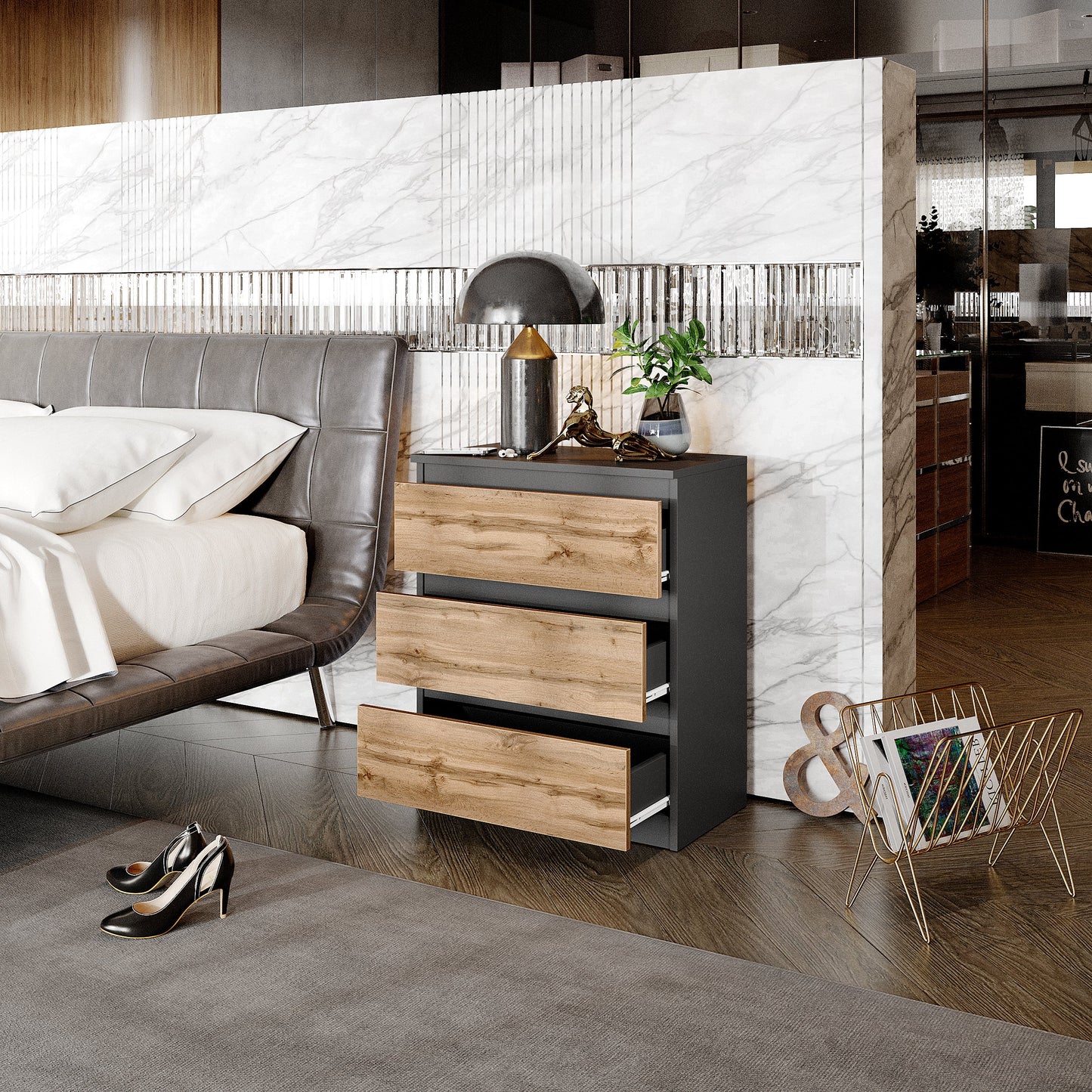 GABRIEL - Komoda se 3 zásuvkami - Skříň na oblečení do ložnice - Antracit / Dub Wotan - H72cm Š60cm D33cm (3)