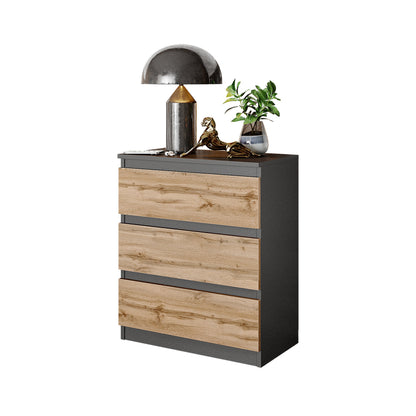 GABRIEL - Komoda se 3 zásuvkami - Skříň na oblečení do ložnice - Antracit / Dub Wotan - H72cm Š60cm D33cm