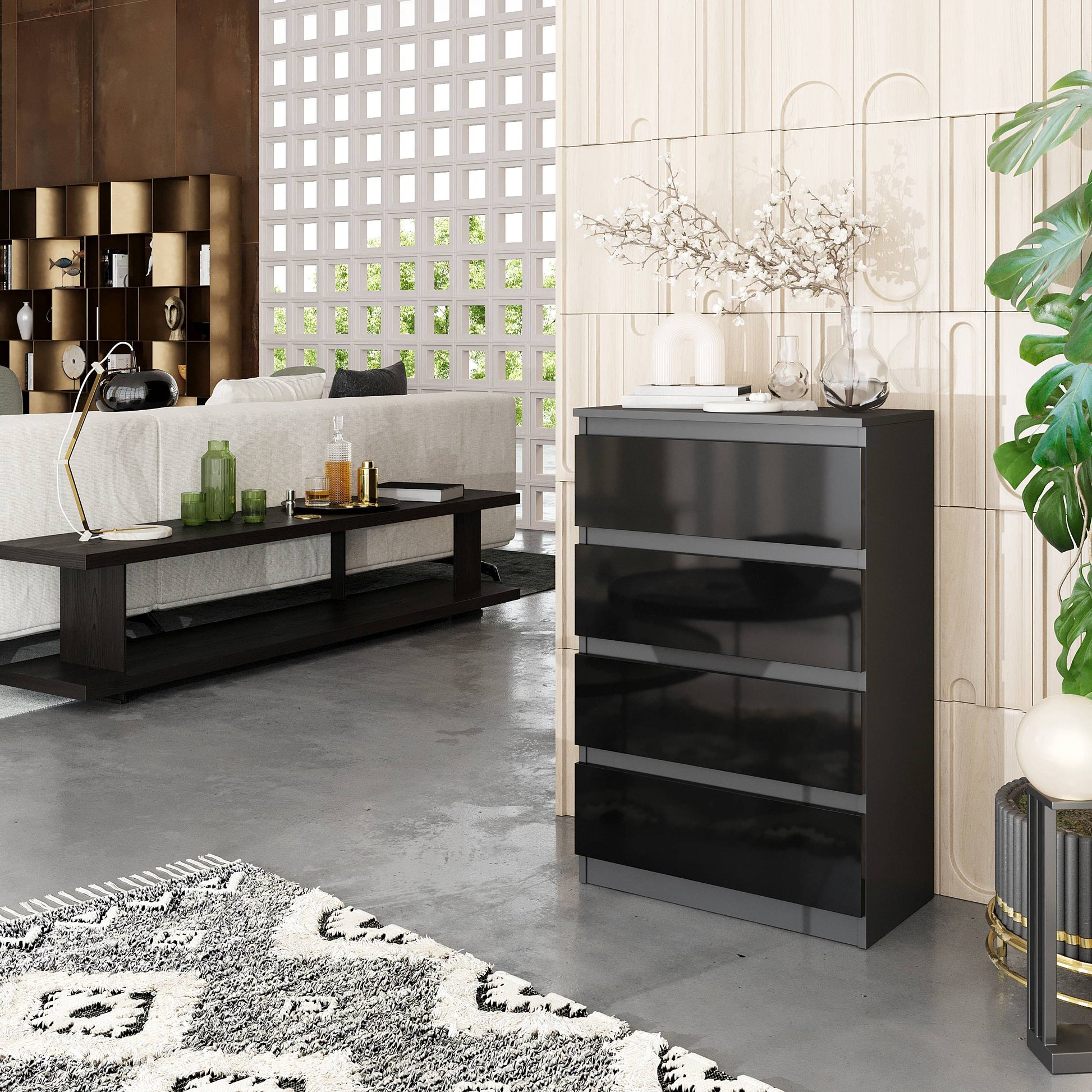 GABRIEL - Komoda se 4 šuplíky - Skříň na oblečení do ložnice - Antracit / Černý lesk - H92cm Š60cm D33cm (4)