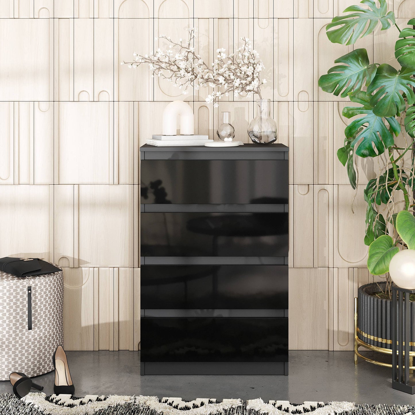 GABRIEL - Komoda se 4 šuplíky - Skříň na oblečení do ložnice - Antracit / Černý lesk - H92cm Š60cm D33cm (3)