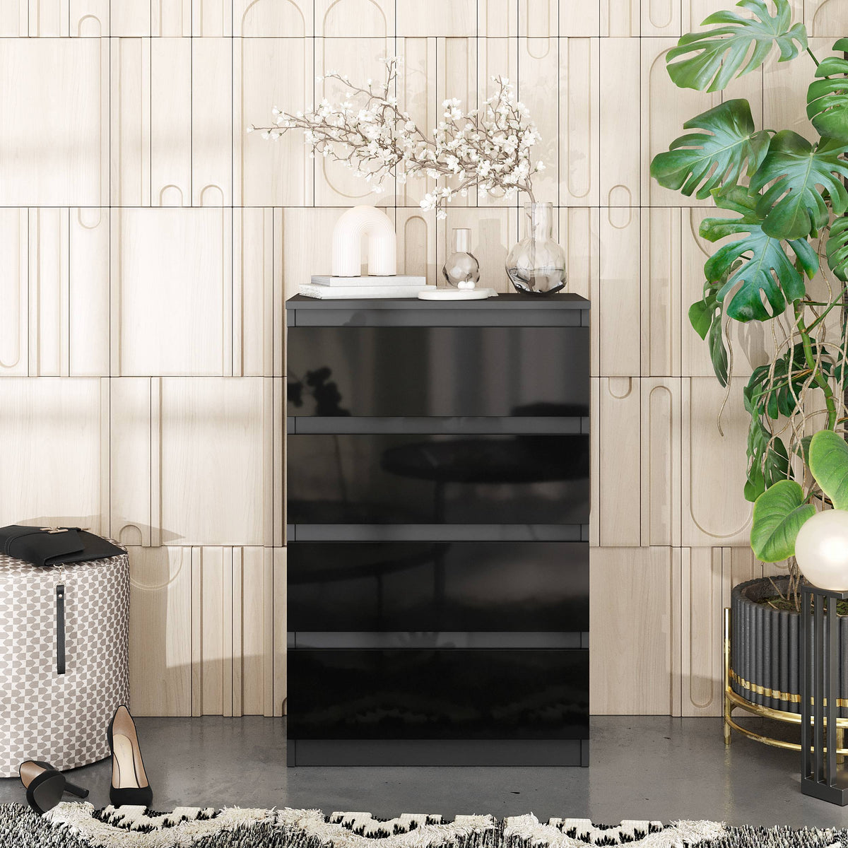 GABRIEL - Komoda se 4 šuplíky - Skříň na oblečení do ložnice - Antracit / Černý lesk - H92cm Š60cm D33cm (3)