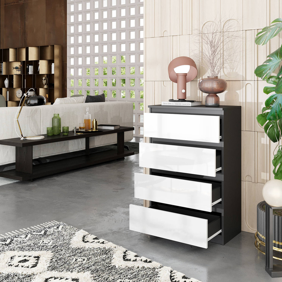GABRIEL - Komoda se 4 šuplíky - Skříň na oblečení do ložnice - Antracit / Bílý lesk - H92cm Š60cm D33cm (5)
