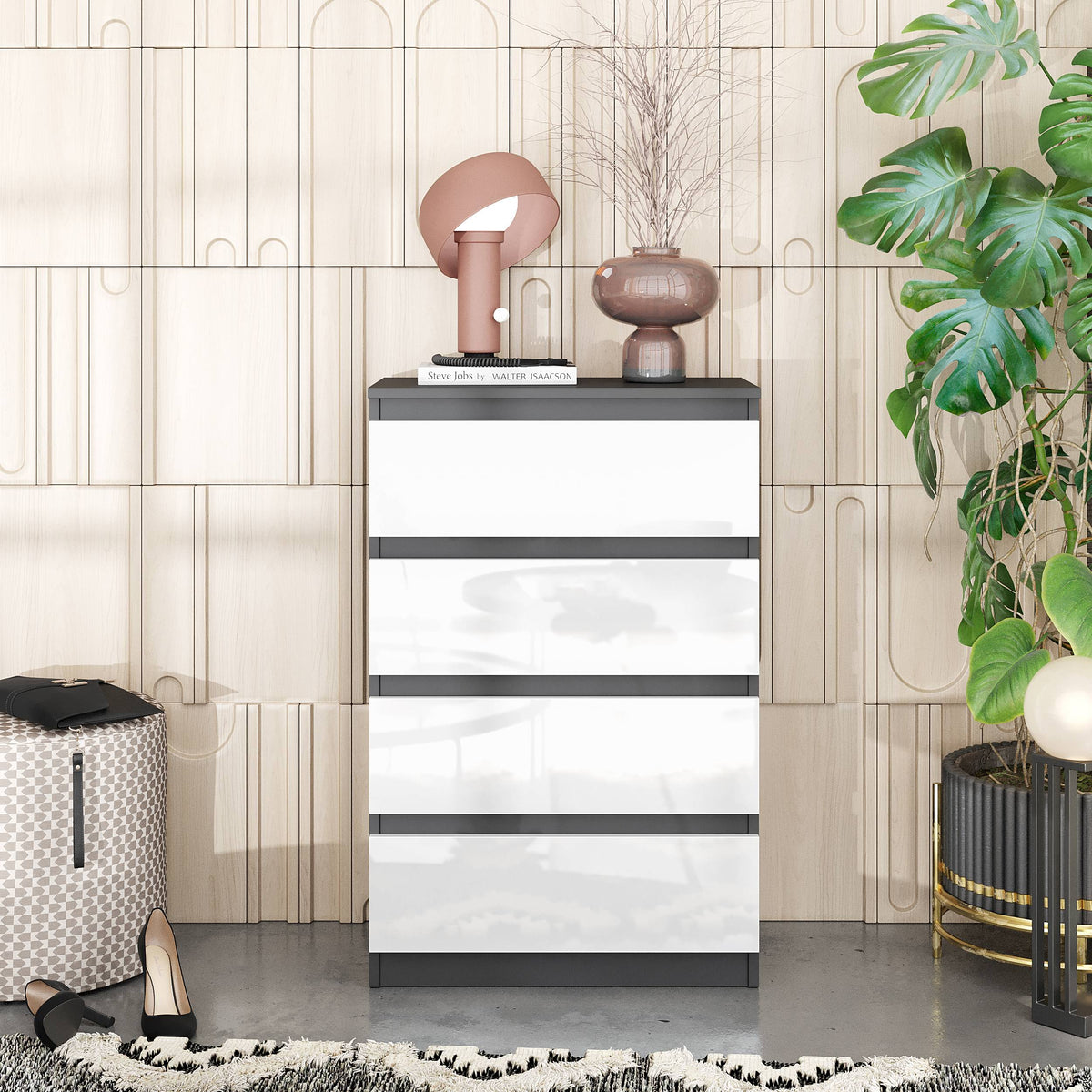 GABRIEL - Komoda se 4 šuplíky - Skříň na oblečení do ložnice - Antracit / Bílý lesk - H92cm Š60cm D33cm (3)