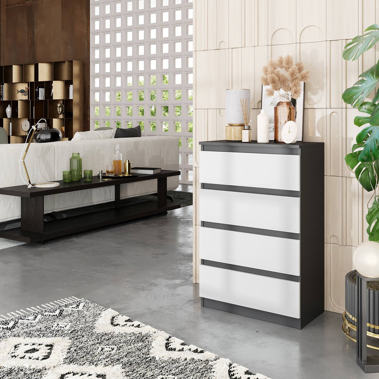GABRIEL - Komoda se 4 šuplíky - Skříň na oblečení do ložnice - Antracit / Bílá matná - H92cm Š60cm D33cm (4)