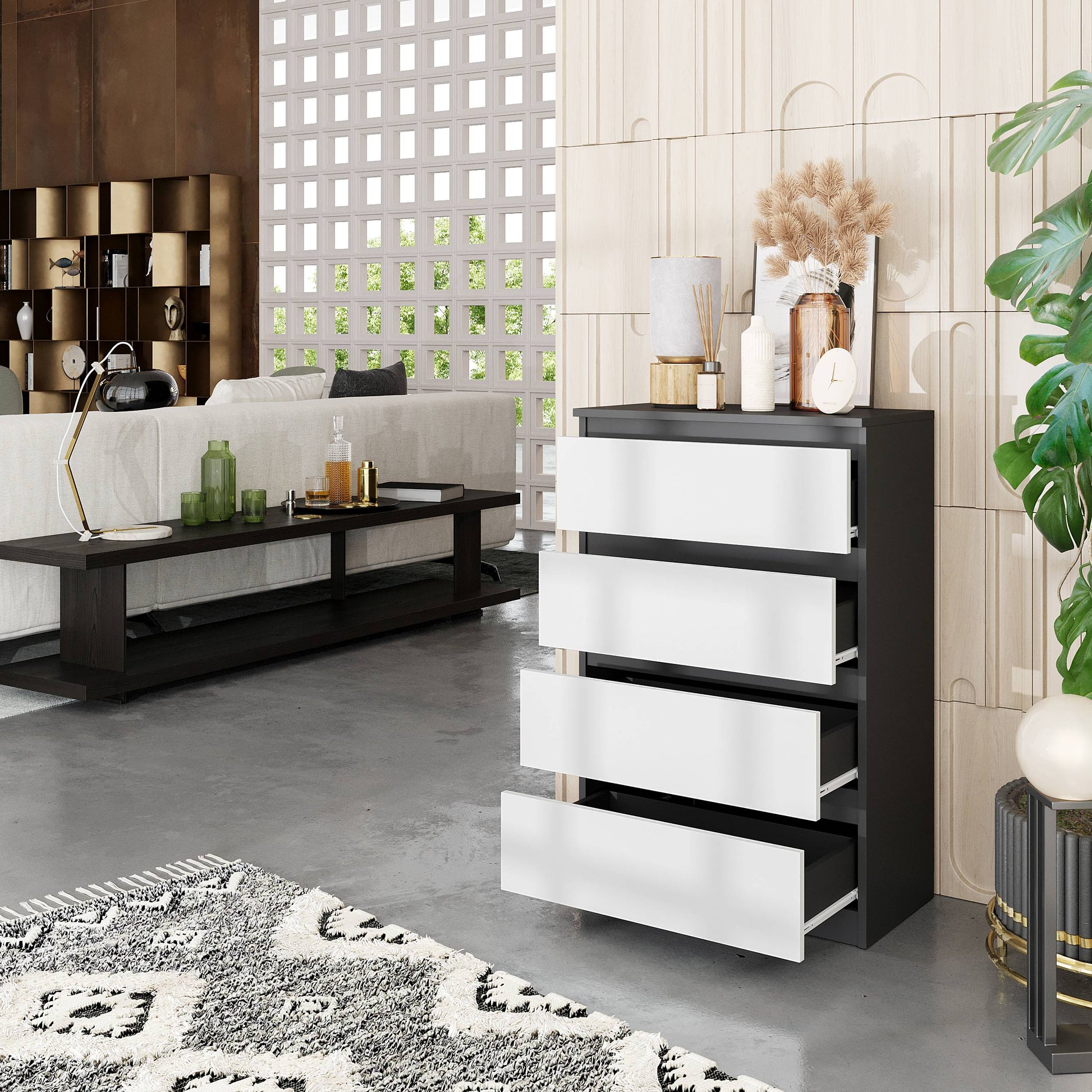 GABRIEL - Komoda se 4 šuplíky - Skříň na oblečení do ložnice - Antracit / Bílá matná - H92cm Š60cm D33cm (5)