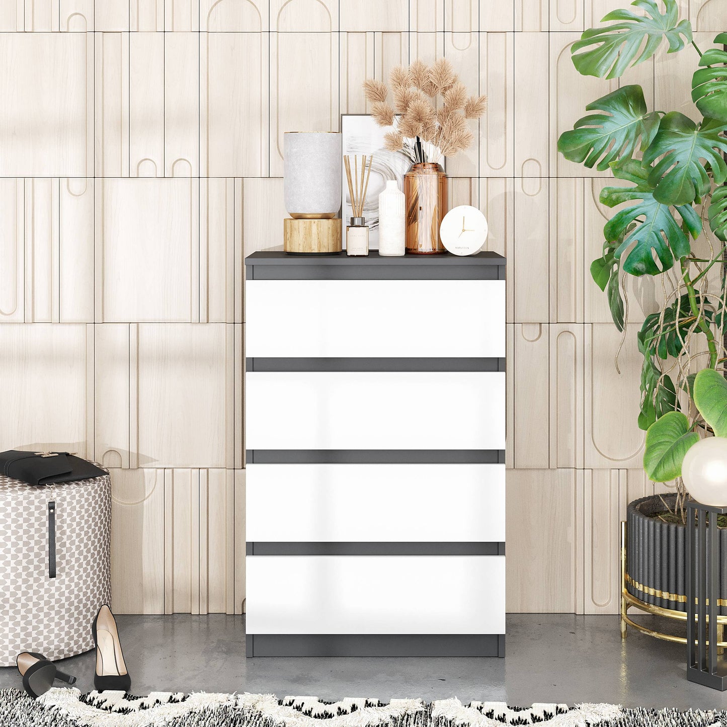GABRIEL - Komoda se 4 šuplíky - Skříň na oblečení do ložnice - Antracit / Bílá matná - H92cm Š60cm D33cm (3)