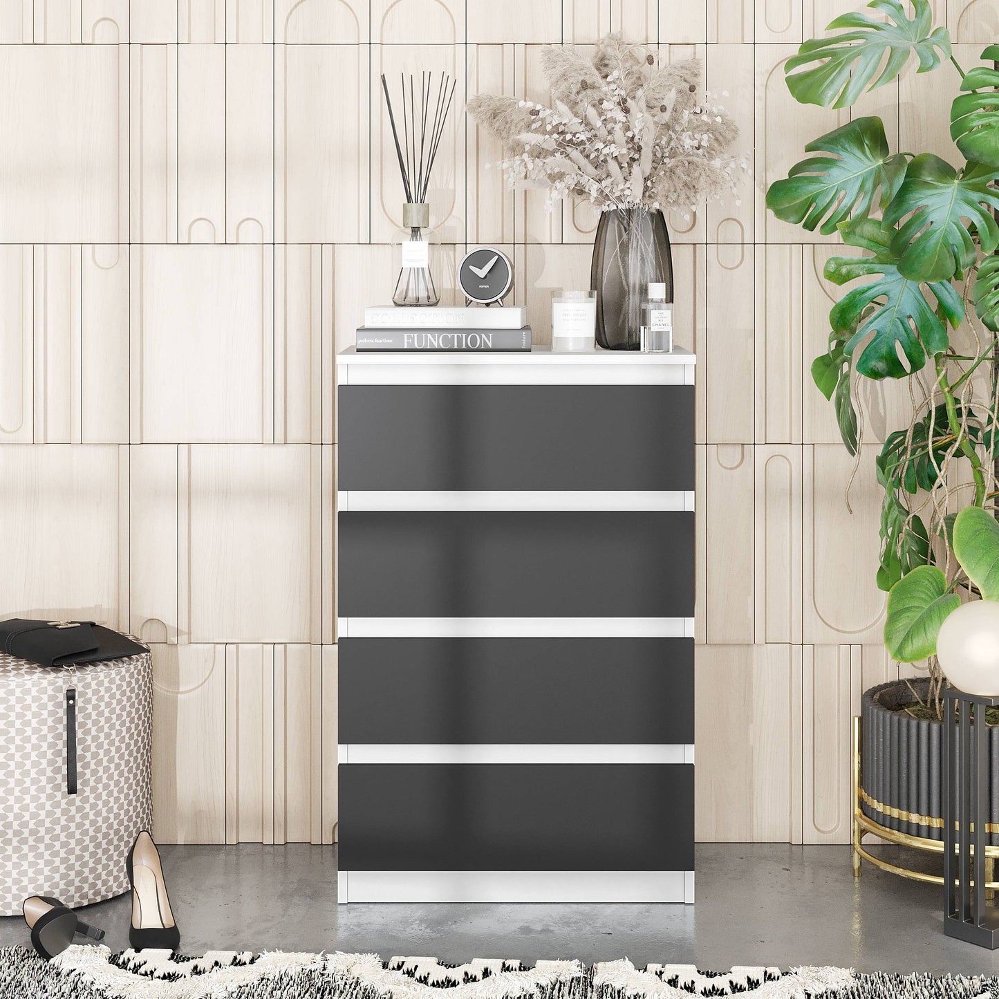 GABRIEL - Komoda se 4 šuplíky - Skříň na oblečení do ložnice - Bílá matná / Antracit - H92cm Š60cm D33cm (3)