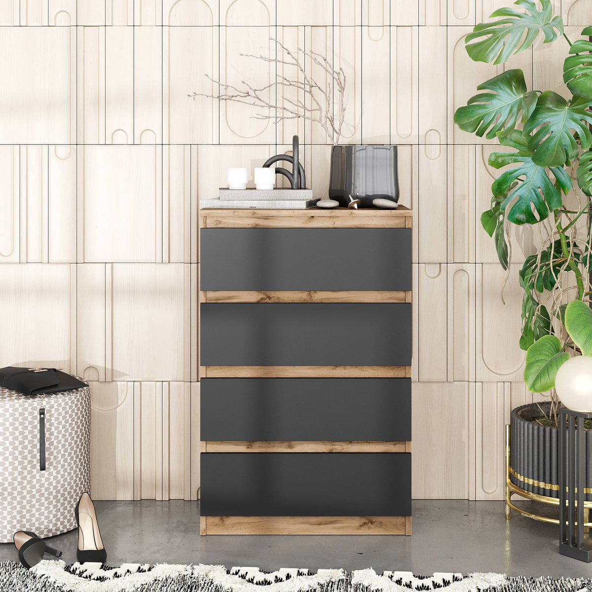 GABRIEL - Komoda se 4 šuplíky - Skříň na oblečení do ložnice - Dub Wotan / Antracit - H92cm Š60cm D33cm (3)