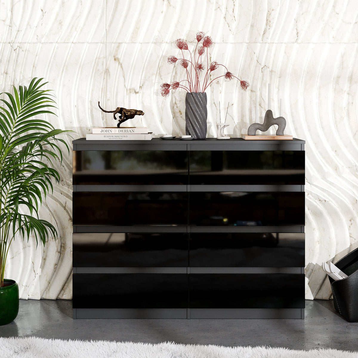 GABRIEL - Komoda se 8 šuplíky - Skříň na oblečení do ložnice - Antracit / Černý lesk - H92cm Š120cm D33cm (2)