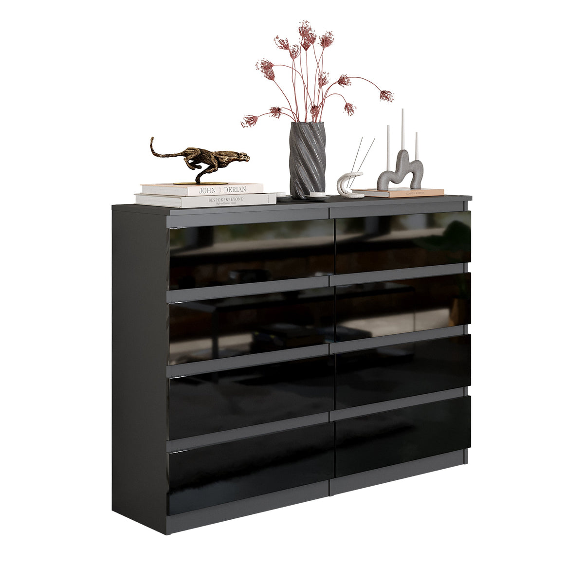GABRIEL - Komoda se 8 šuplíky - Skříň na oblečení do ložnice - Antracit / Černý lesk - H92cm Š120cm D33cm