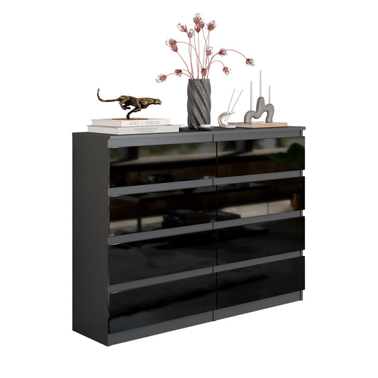 GABRIEL - Komoda se 8 šuplíky - Skříň na oblečení do ložnice - Antracit / Černý lesk - H92cm Š120cm D33cm