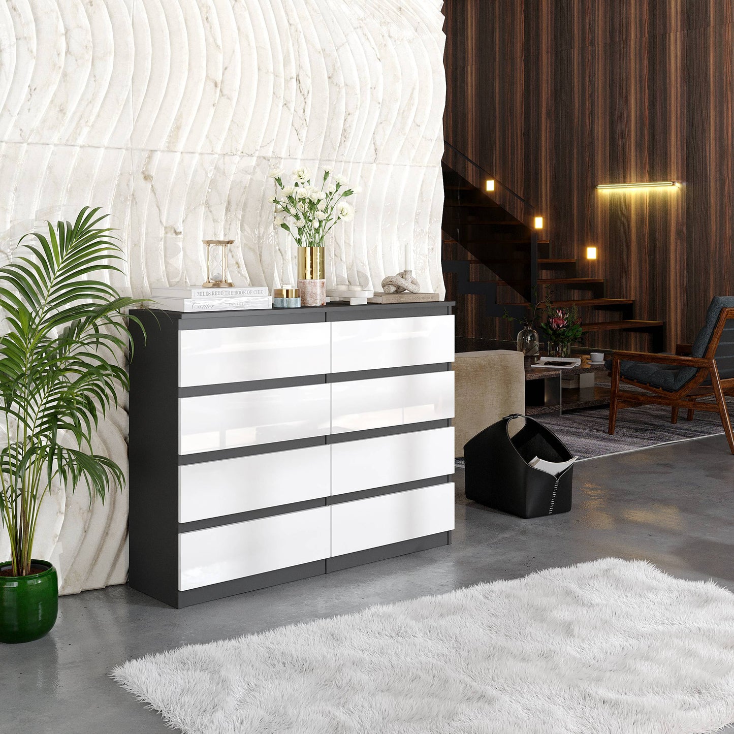 GABRIEL - Komoda se 8 šuplíky - Skříň na oblečení do ložnice - Antracit / Bílý lesk - H92cm Š120cm D33cm (4)