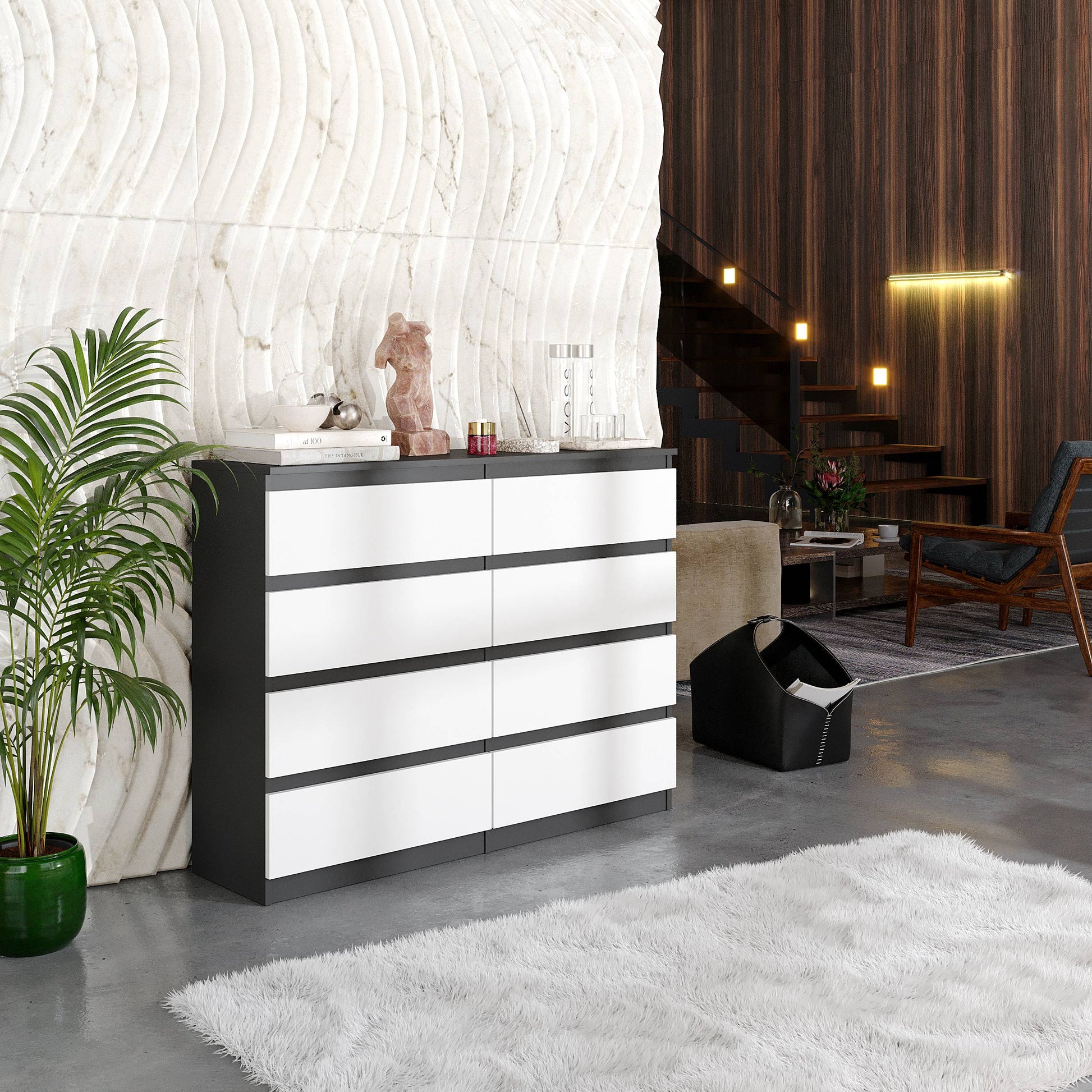 GABRIEL - Komoda se 8 šuplíky - Skříň na oblečení do ložnice - Antracit / Bílá matná - H92cm Š120cm D33cm (4)