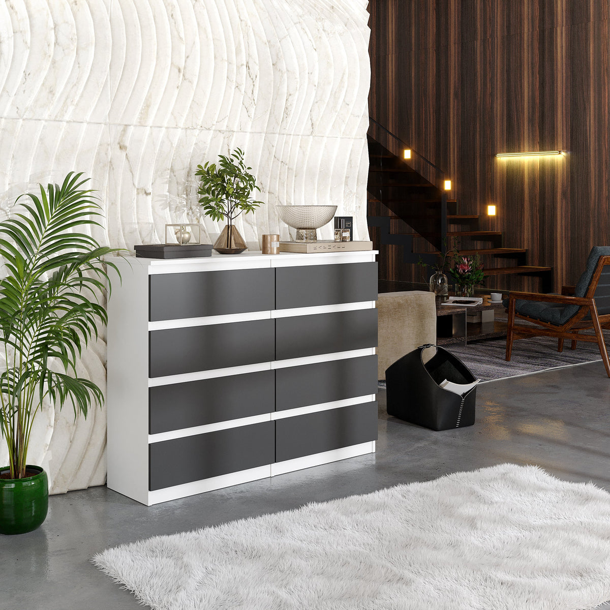 GABRIEL - Komoda se 8 šuplíky - Skříň na oblečení do ložnice - Bílá matná / Antracit - H92cm Š120cm D33cm (3)