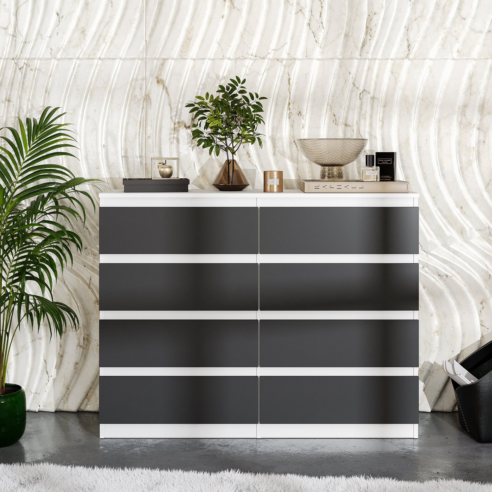 GABRIEL - Komoda se 8 šuplíky - Skříň na oblečení do ložnice - Bílá matná / Antracit - H92cm Š120cm D33cm (2)