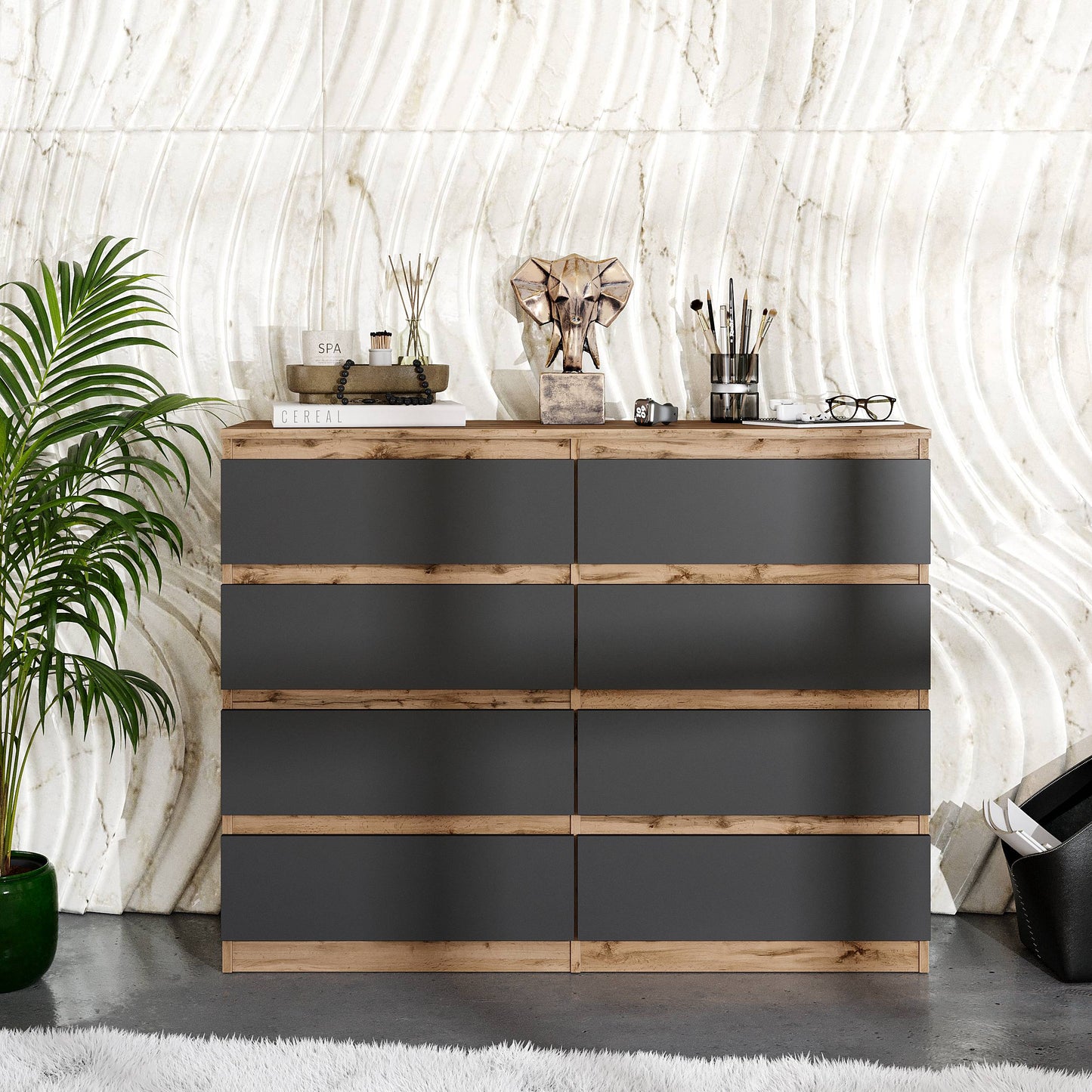 GABRIEL - Komoda se 8 šuplíky - Skříň na oblečení do ložnice - Dub Wotan / Antracit - H92cm Š120cm D33cm (3)