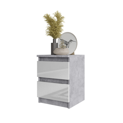 GABRIEL - Noční stolek - Stolík vedle postele s 2 zásuvkami - Beton / Bílý lesk H40cm Š30cm D30cm
