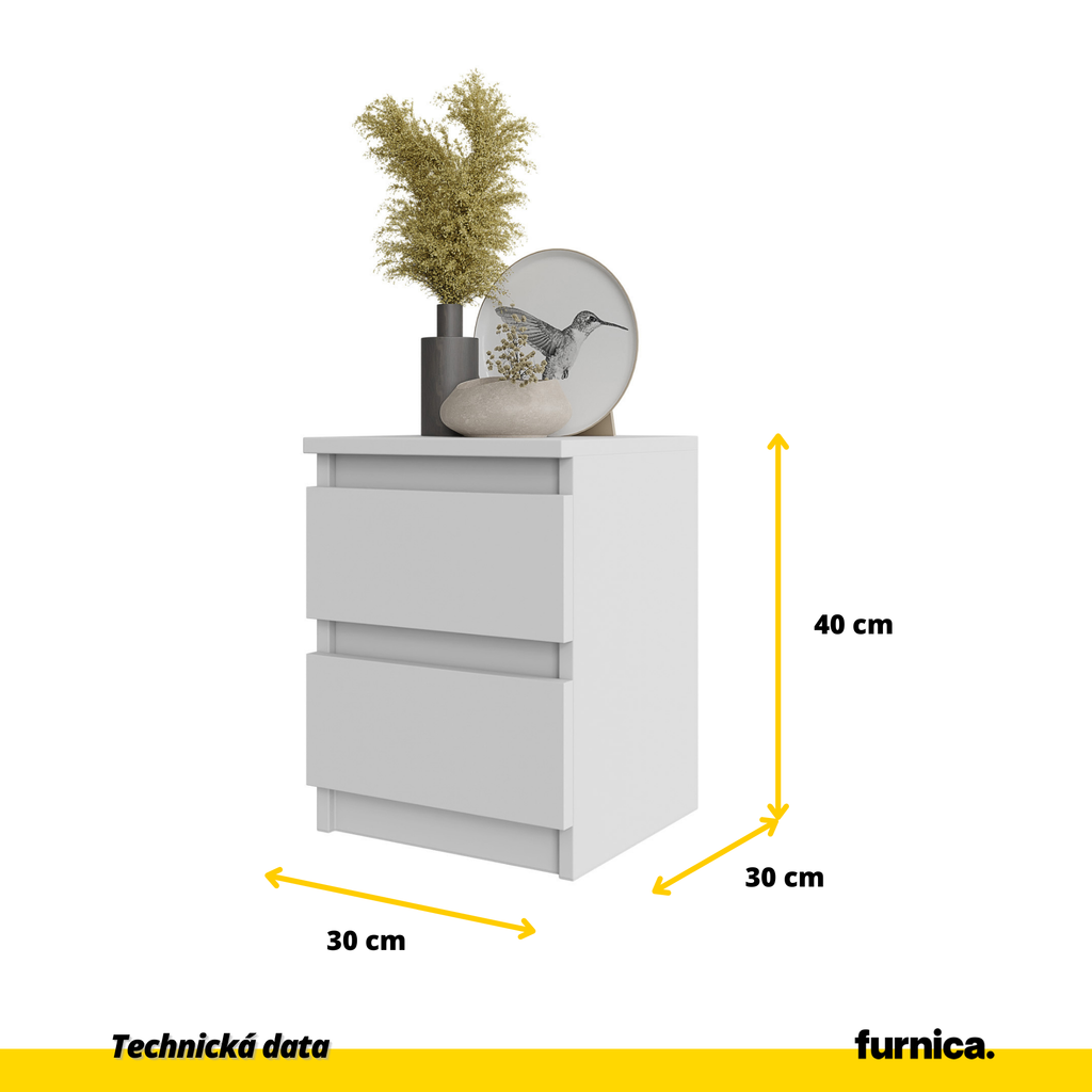 GABRIEL - Noční stolek - Stolík vedle postele s 2 zásuvkami - Bílý matný povrch H40cm Š30cm D30cm