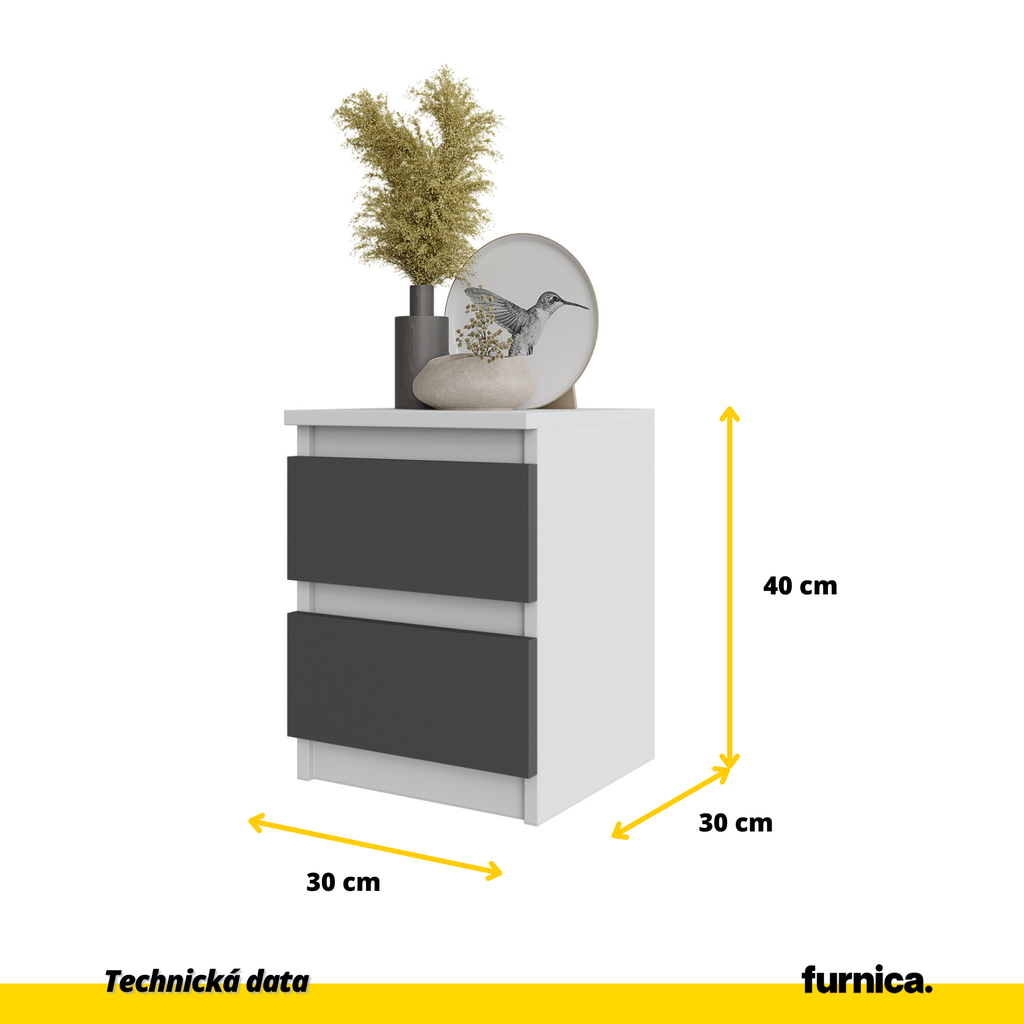 GABRIEL - Noční stolek - Stolík vedle postele s 2 zásuvkami - Bílý matný / Antracit H40cm W30cm D30cm
