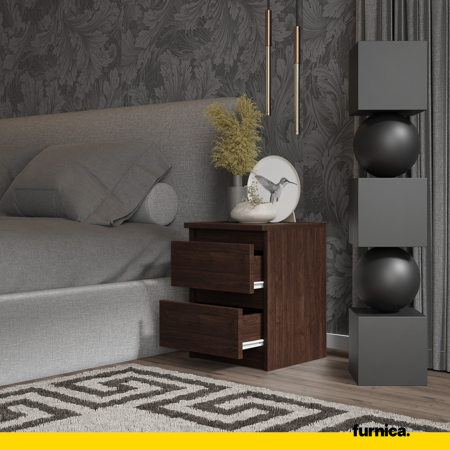 GABRIEL - Noční stolek - Stolík vedle postele se 2 zásuvkami - Wenge H40cm W30cm D30cm