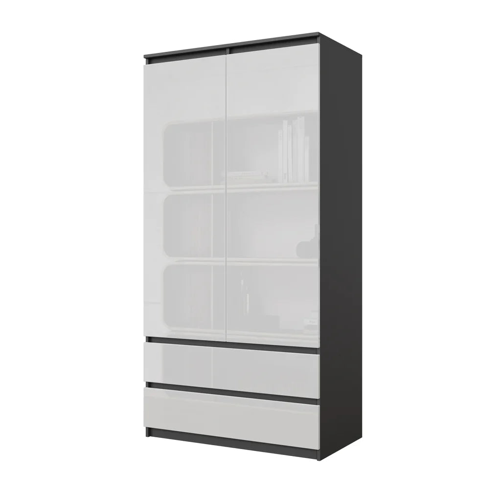 JOELLE - Skříň se 2 dveřmi a 2 zásuvkami - Antracit / Bílý lesk - H180cm Š90cm D50cm