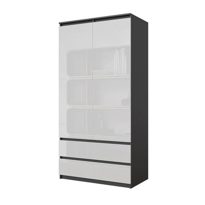 JOELLE - Skříň se 2 dveřmi a 2 zásuvkami - Antracit / Bílý lesk - H180cm Š90cm D50cm