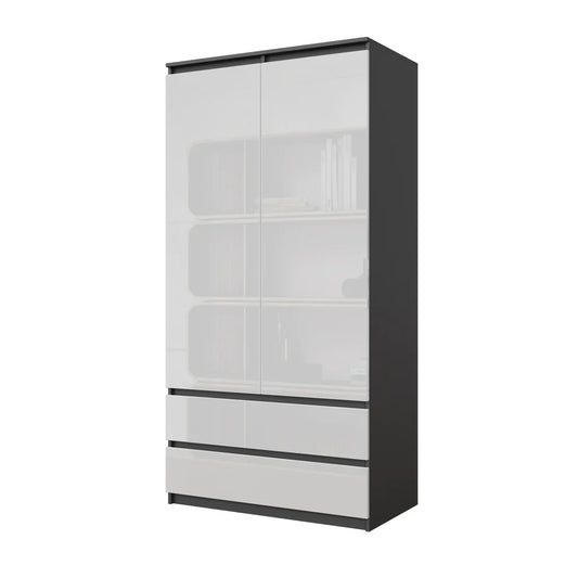 JOELLE - Skříň se 2 dveřmi a 2 zásuvkami - Antracit / Bílý lesk - H180cm Š90cm D50cm
