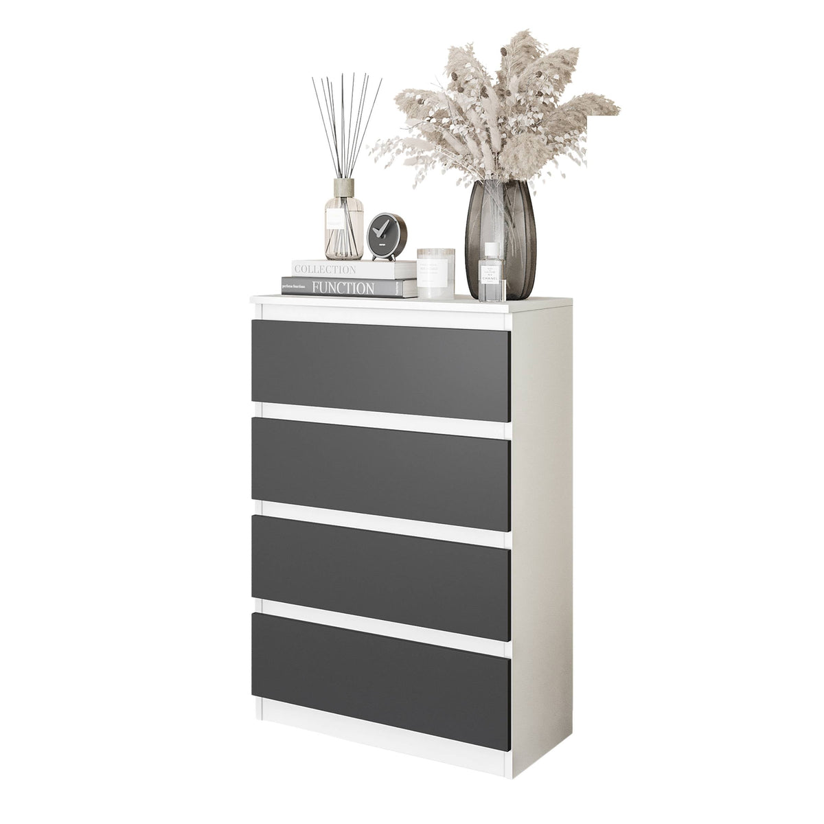 GABRIEL - Komoda se 4 šuplíky - Skříň na oblečení do ložnice - Bílá matná / Antracit - H92cm Š60cm D33cm