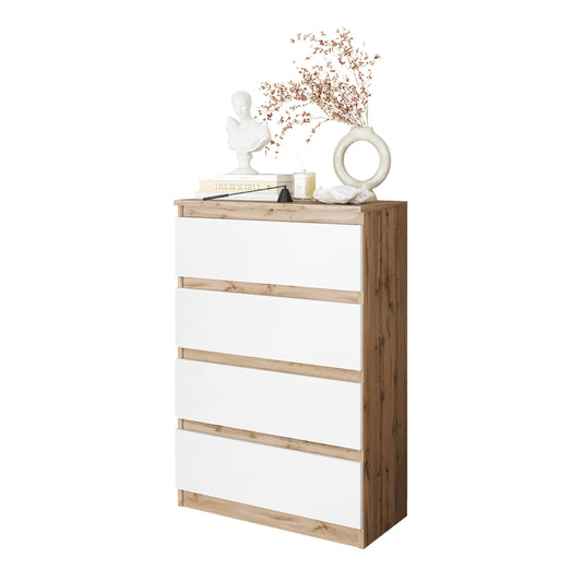 GABRIEL - Komoda se 4 šuplíky - Skříň na oblečení do ložnice - Dub Wotan / Bílá matná - H92cm Š60cm D33cm