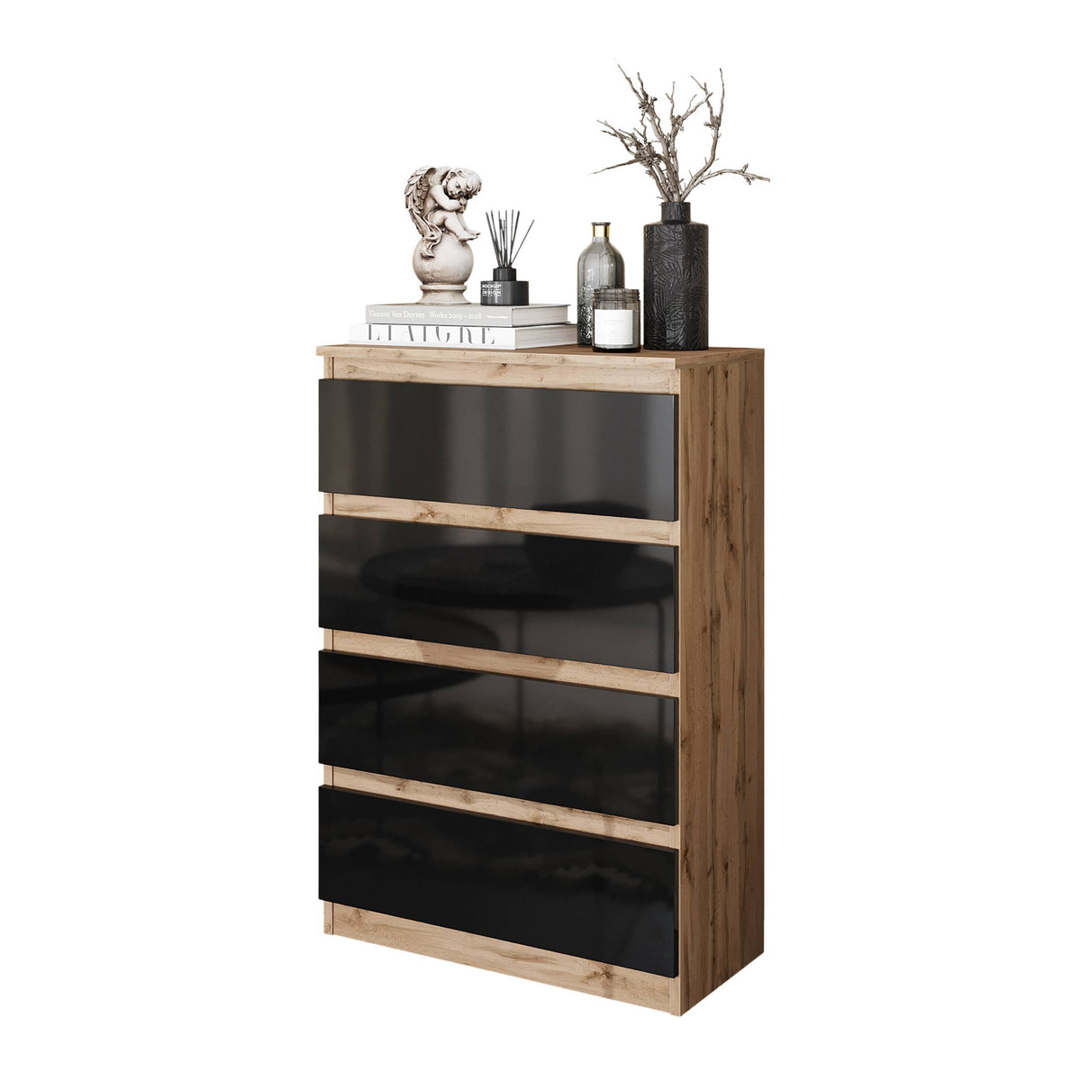GABRIEL - Komoda se 4 šuplíky - Skříň na oblečení do ložnice - Dub Wotan / Černý lesk - H92cm Š60cm D33cm