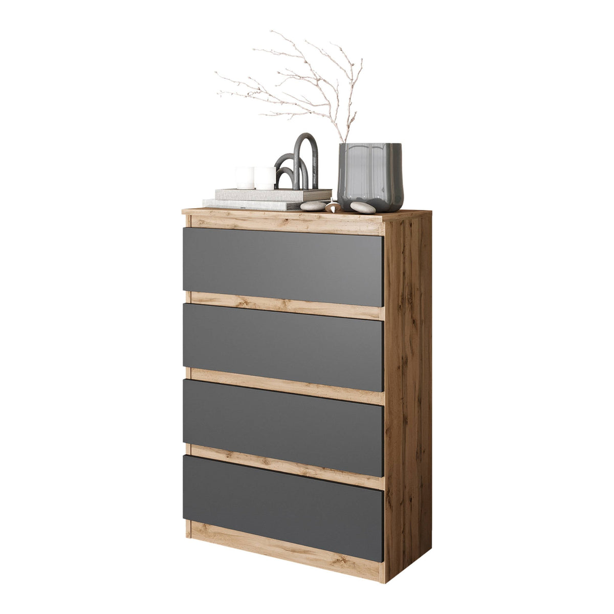 GABRIEL - Komoda se 4 šuplíky - Skříň na oblečení do ložnice - Dub Wotan / Antracit - H92cm Š60cm D33cm