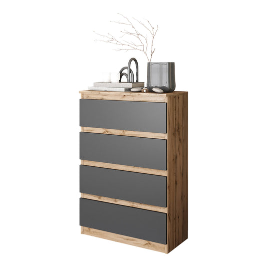 GABRIEL - Komoda se 4 šuplíky - Skříň na oblečení do ložnice - Dub Wotan / Antracit - H92cm Š60cm D33cm