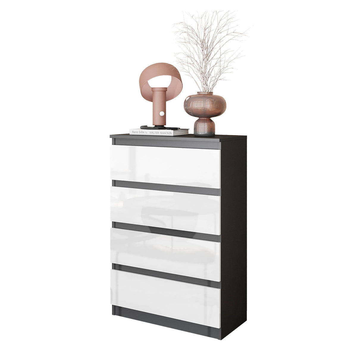 GABRIEL - Komoda se 4 šuplíky - Skříň na oblečení do ložnice - Antracit / Bílý lesk - H92cm Š60cm D33cm